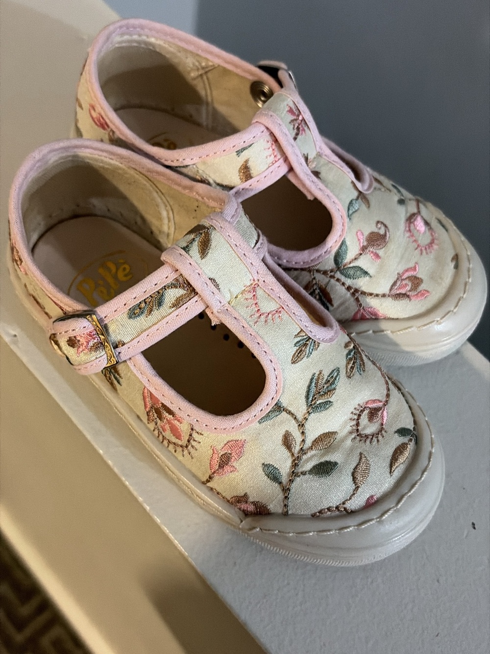 PEPE Floral T-Strap Canvas Shoes in Pink and Cream